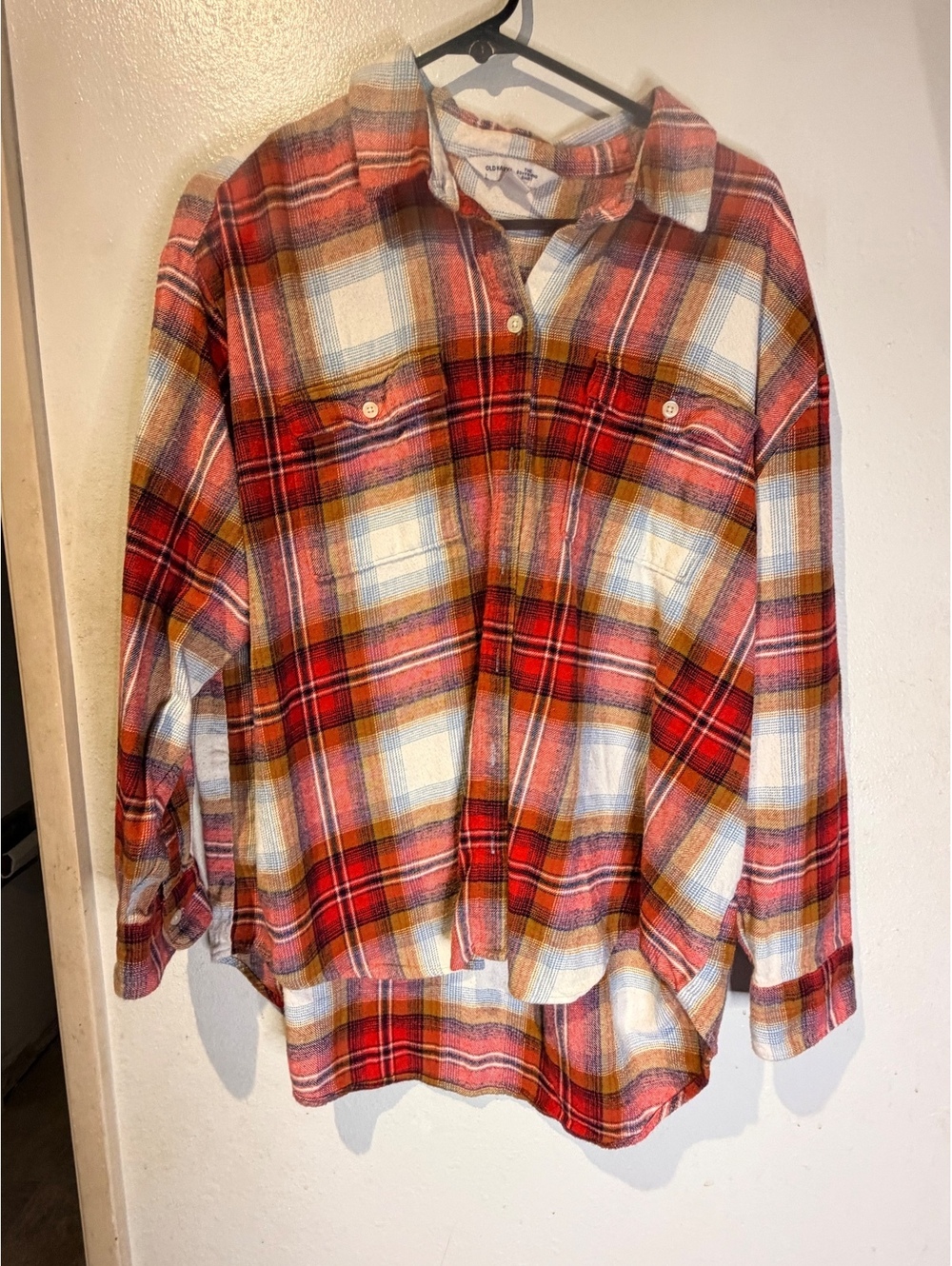 Old Navy XL The Boyfriend Shirt Red Orange Plaid 100% Cotton Flannel Button-Up